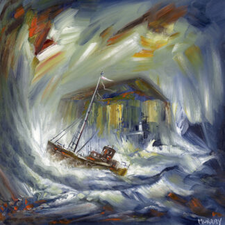 A vivid painting of a small boat in turbulent sea waters within a swirling vortex of expressive brush strokes. By Raymond Murray